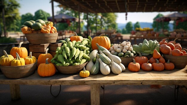 Photo a photo of a farmer market with an assortment of gourds