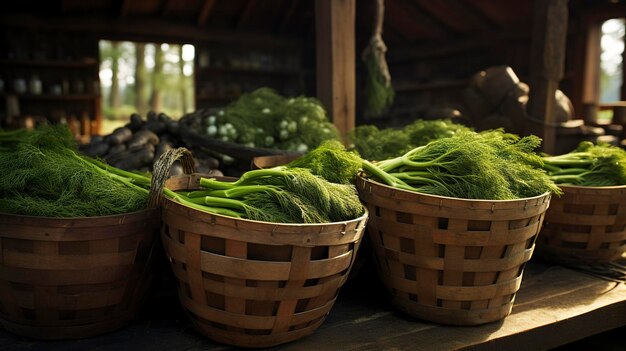 Foto una foto di una bancarella del mercato degli agricoltori con cesti di foglie fresche