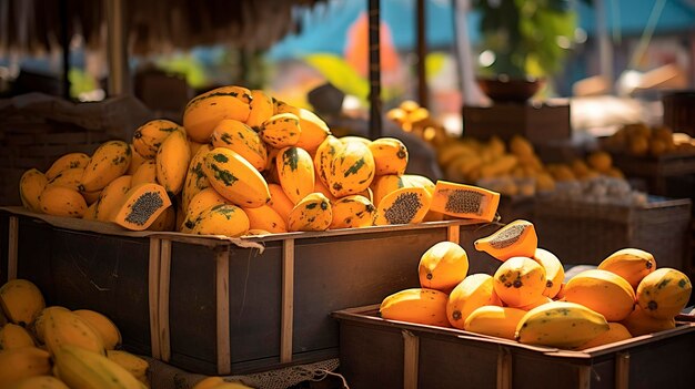 Foto una foto di una bancarella del mercato degli agricoltori con bidoni di pesche mature