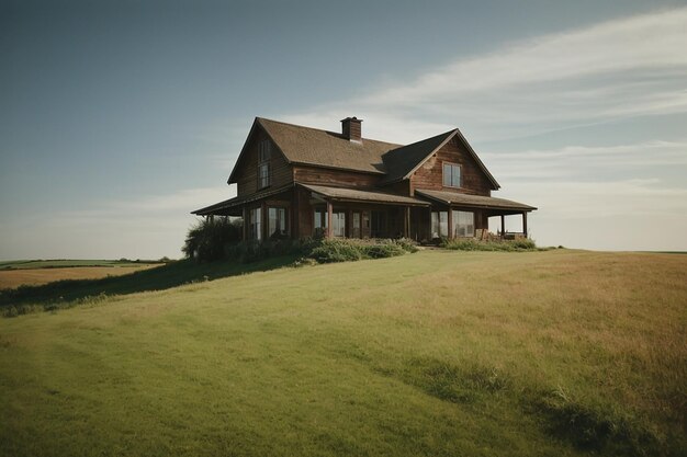 Photo farmhouse on meadow hill