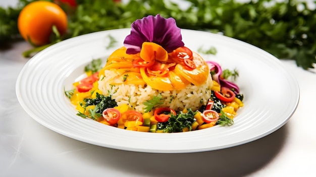 photo of Farofa a traditional Brazilian dish beautifully presented on a white marble table