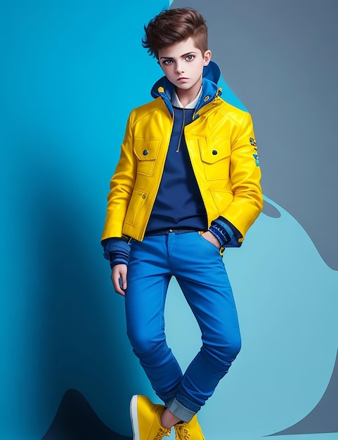 Foto foto di un ragazzo di moda con una giacca gialla e pantaloni blu