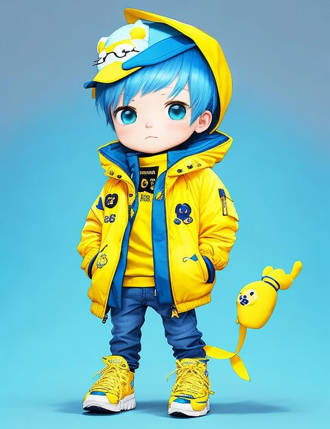 Photo a fashion boy with a yellow jacket and blue pants