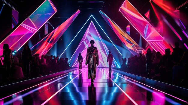 Photo a photo of a fashion runway with a futuristic holographic backdrop neon lights