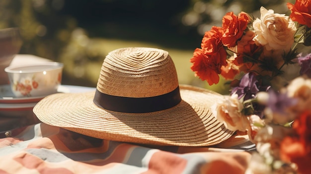 夏のピクニックでのおしゃれな日よけ帽子の写真