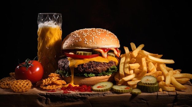 Photo of fast food on a black background generated by AI