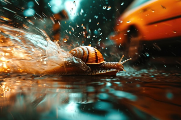 Photo photo of a fast and slow motion with a car and a snail a2