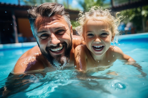 Photo father and daughter having fun in the pool summer holidays and vacation concept