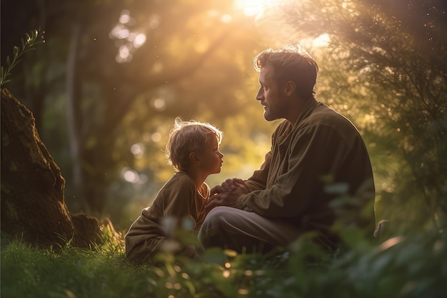 写真 父と息子は太陽の光で自然に結びつく