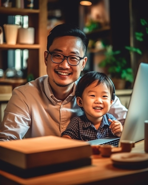 パパと息子のラップトップの写真