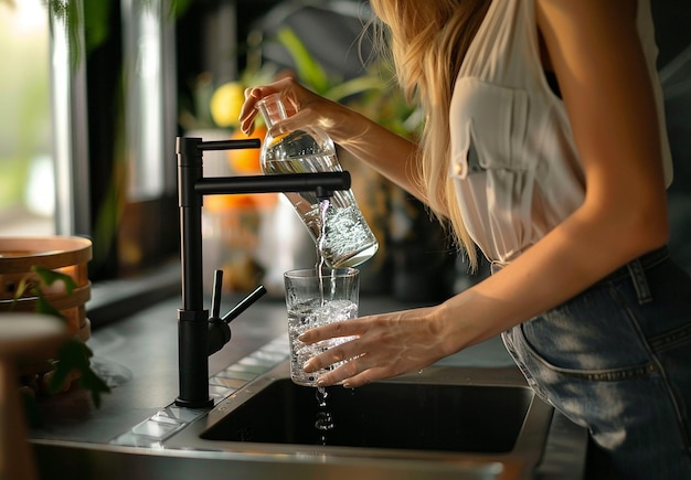 Foto foto di un rubinetto della cucina che versa l'acqua del rubinetto riempiendo l'acqua in vetro e acqua potabile pura