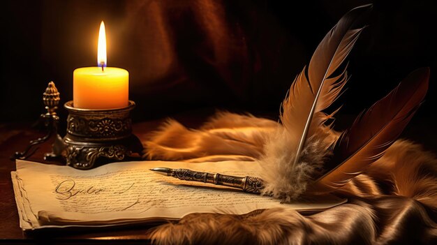 A photo of a feather quill parchment scroll backdrop