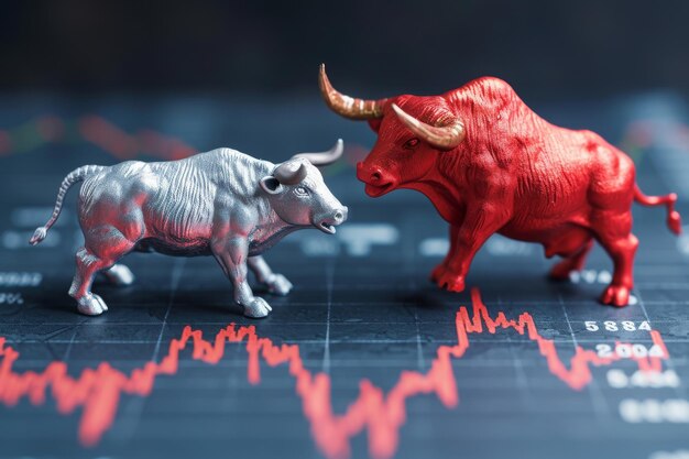 A photo featuring bull and bear figurines placed on a stock chart representing the volatile nature of the stock market A bullish vs bearish market indicator graph AI Generated