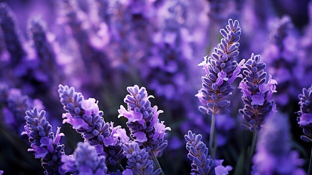 芳香 な 紫 の 花 を かせ て く ラベンダ の 植物 を 近づけ て 撮っ た 写真