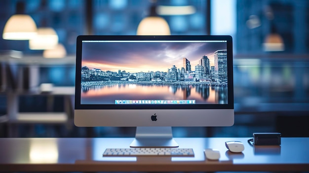 A Photo featuring a close up of a computer monitor and keyboard on a sleek office desk