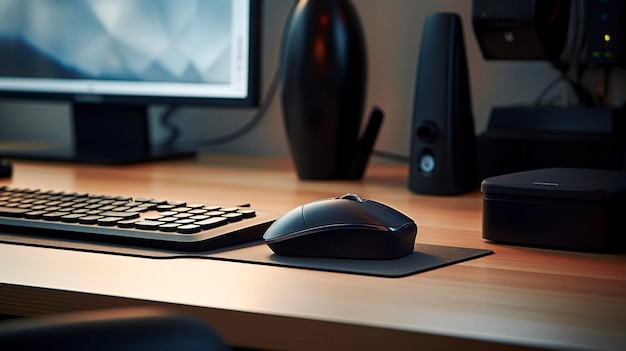 A photo featuring a close up of a computer mouse and keyboard on a desk with a mouse pad