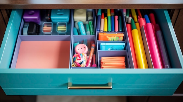 A Photo featuring a close up of a desk drawer organizer with compartments for pens clips and sti