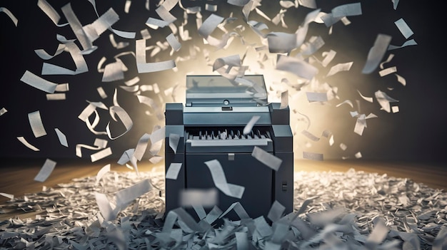 A Photo featuring a close up of a document shredder in operation with shredded paper flying