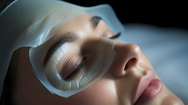 眼の疲労を和らげ緩和するために使用される眼パッドまたはゲルマスクのクローズアップを特徴とする写真