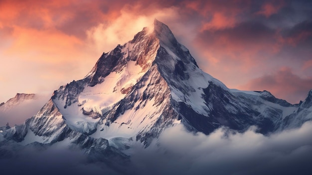 A Photo featuring a close up of a mountain peak kissed by the first rays of sunlight at dawn