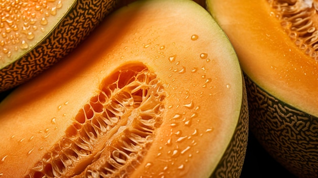 A Photo featuring a close up of a ripe cantaloupe melon with its textured skin and juicy flesh