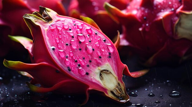 A photo featuring a close up of a ripe dragon fruit with its vibrant skin and juicy flesh