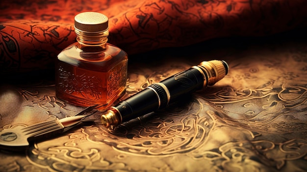 캘리그라피 를 위한 전통적 인 이슬람 펜 과 잉크 세트 의 클로즈업 을 보여 주는 사진