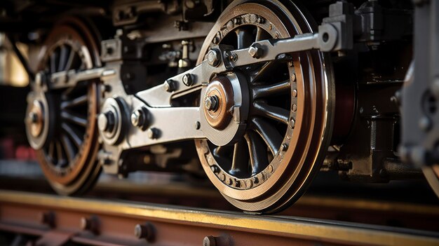 A Photo featuring a close up of the train's wheels and braking discs