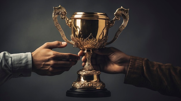 A Photo featuring a close up of a trophy cup being handed over with a firm grip