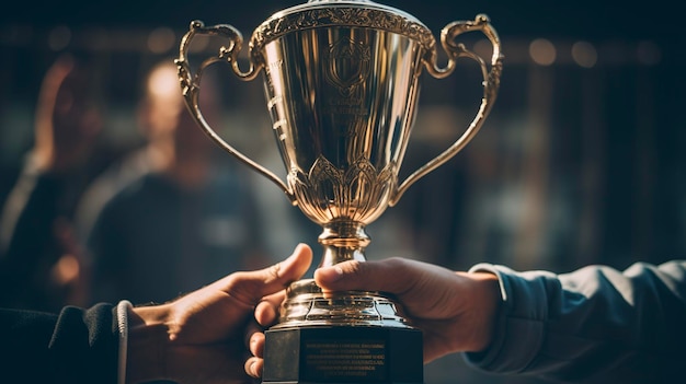 A Photo featuring a close up of a trophy cup displayed among other trophies and awards