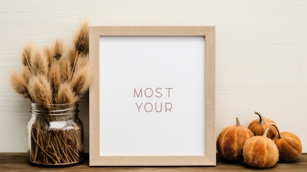 Photo photo featuring a frame made of decorative pumpkins dried grass set against an autumnal backdrop