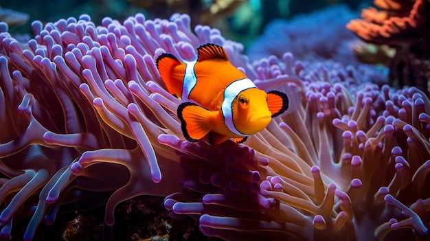 A Photo featuring a hyper detailed close up shot of a colorful clownfish nestled within a sea