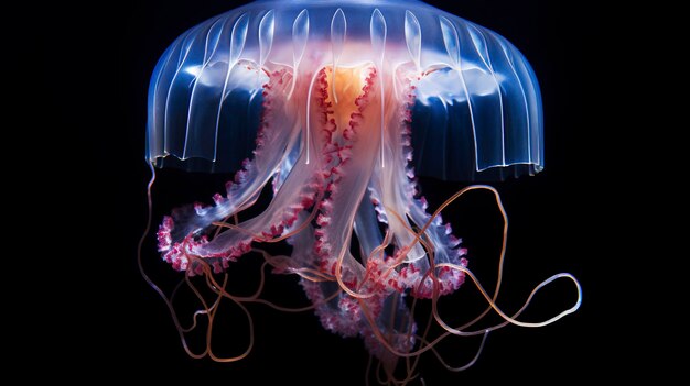 Фото с очень подробным крупным снимком пульсирующего колокольчатого тела медузы