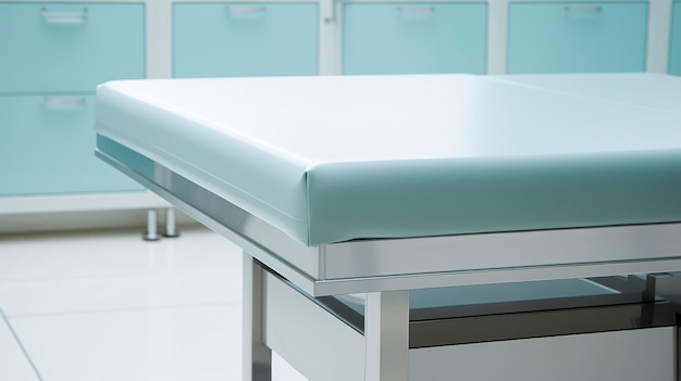 Foto una foto con una ripresa iper dettagliata di un tavolo di esame ospedaliero compatto e minimalista