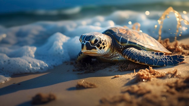 달을 낳기 위해 물 밖으로 나오는 바다 거북이의 초 상세한 을 특징으로 하는 사진