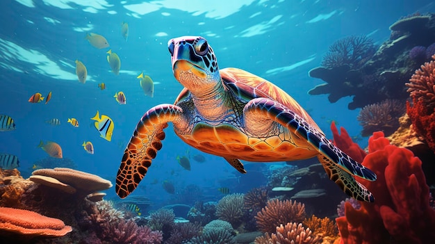 A Photo featuring a hyper detailed shot of a sea turtle swimming