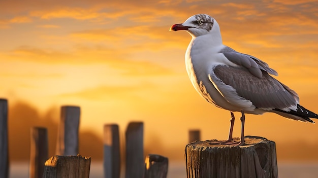 A photo featuring a hyper detailed shot of a seagull perched on a weathered wooden post at sunset