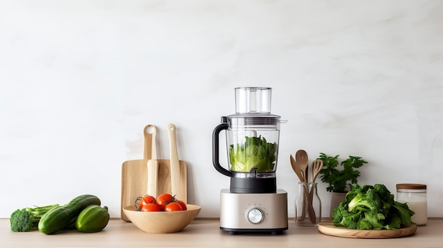 Фото с минималистским кухонным рабочим пространством с пищевым процессором и овощами