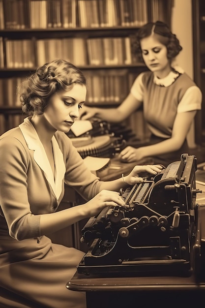 Photo photo of female authors with books and typewriters sepia for nostalgi world women day concept ideas