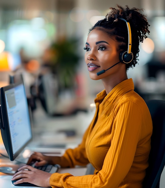 Photo photo of a female call center agent wearing a headset and using a laptop in the office