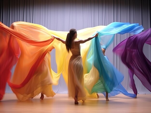 Photo photo of female dancers with flowing fabrics rainbow colors for expre world women day concept ideas