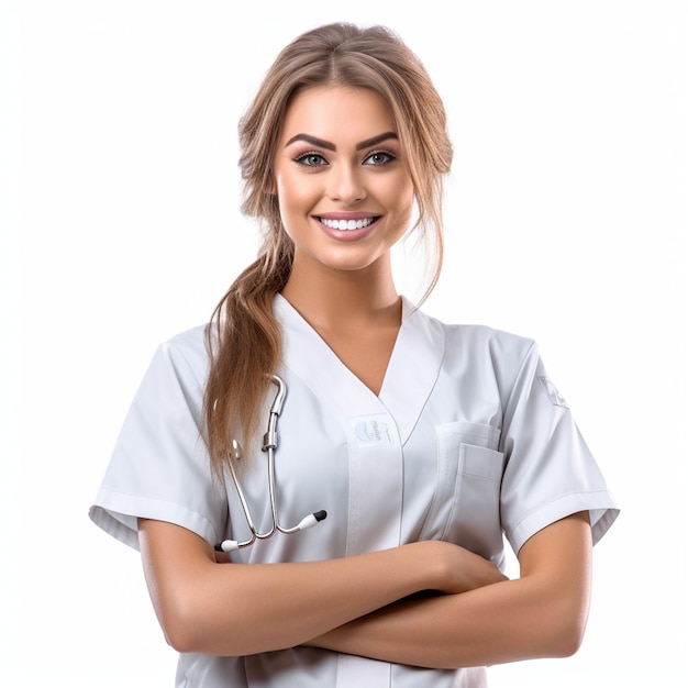 photo female doctor physician in medical uniform with stethoscope cross arms on chest smiling