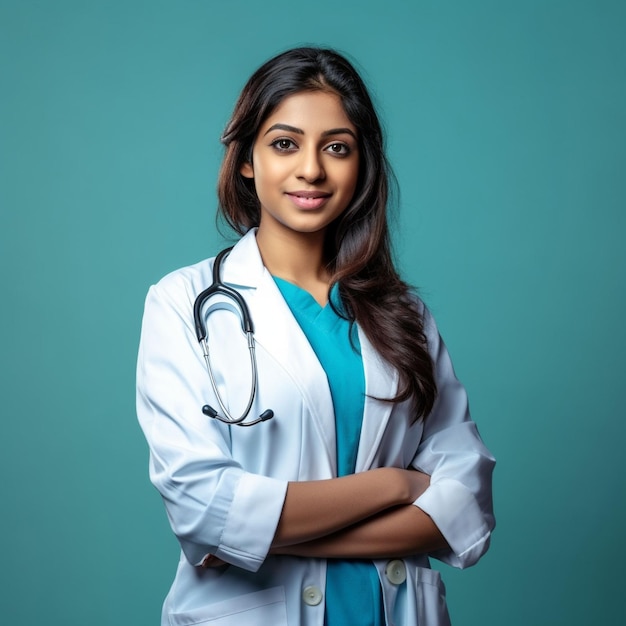фото женщина-врач в медицинской форме со стетоскопом, скрещенными руками на груди, улыбается
