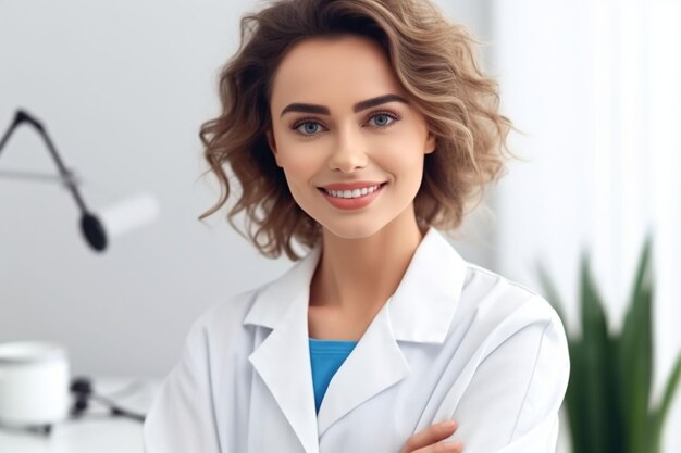 photo female doctor physician in medical uniform with stethoscope cross arms on chest smiling