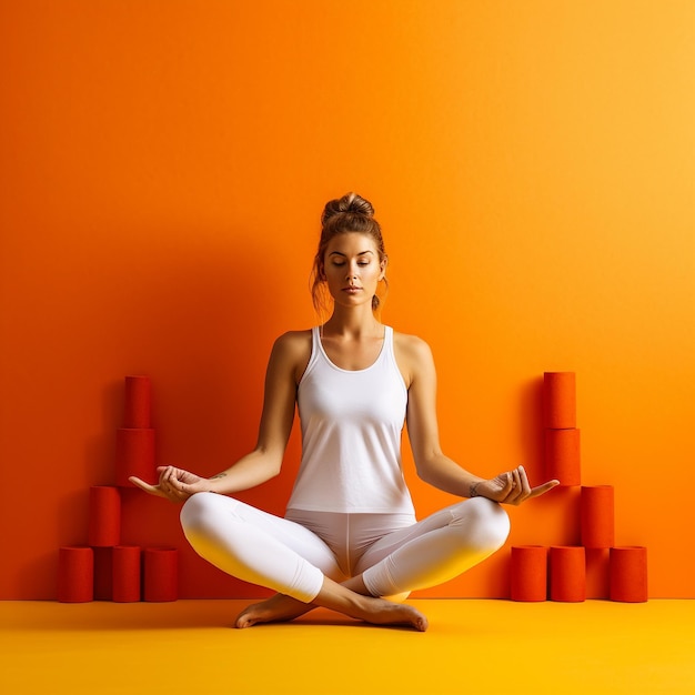 Photo of a female doing yoga and meditation in front of orange color wall