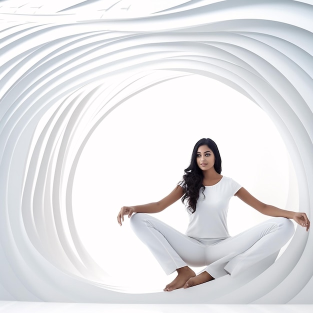 photo of a female doing yoga and meditation in front of white color wall