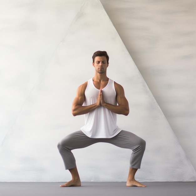 photo of a female doing yoga and meditation in front of white color wall