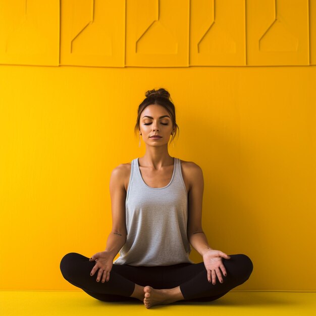 Photo of a female doing yoga and meditation in front of yellow color wall