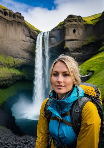 Photo female hiker with a view of kvernufoss waterfall in south iceland