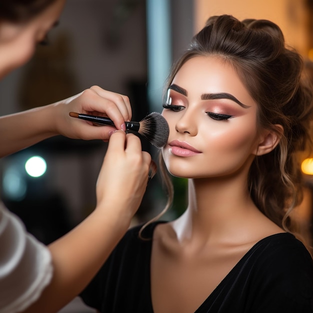 Photo of female makeup artist doing a makeup for young girl face